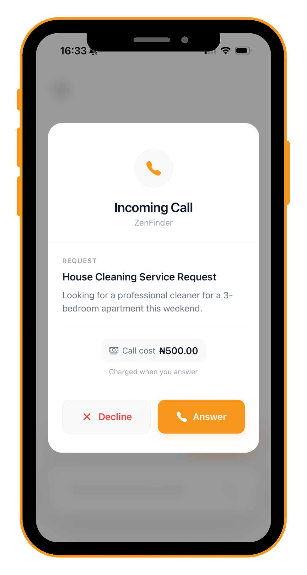 An incoming ZenFinder call